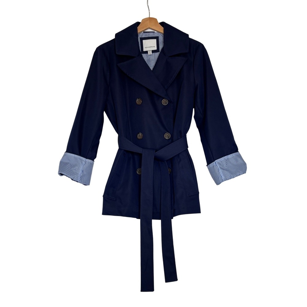 Weatherproof Womens Navy Blue Double Breasted Belted Trench Coat Size M Striped